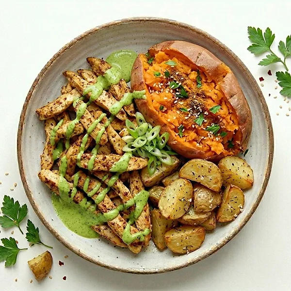 Peruvian Roasted Chicken with Aji Verde and Jacket Sweet Potatoes